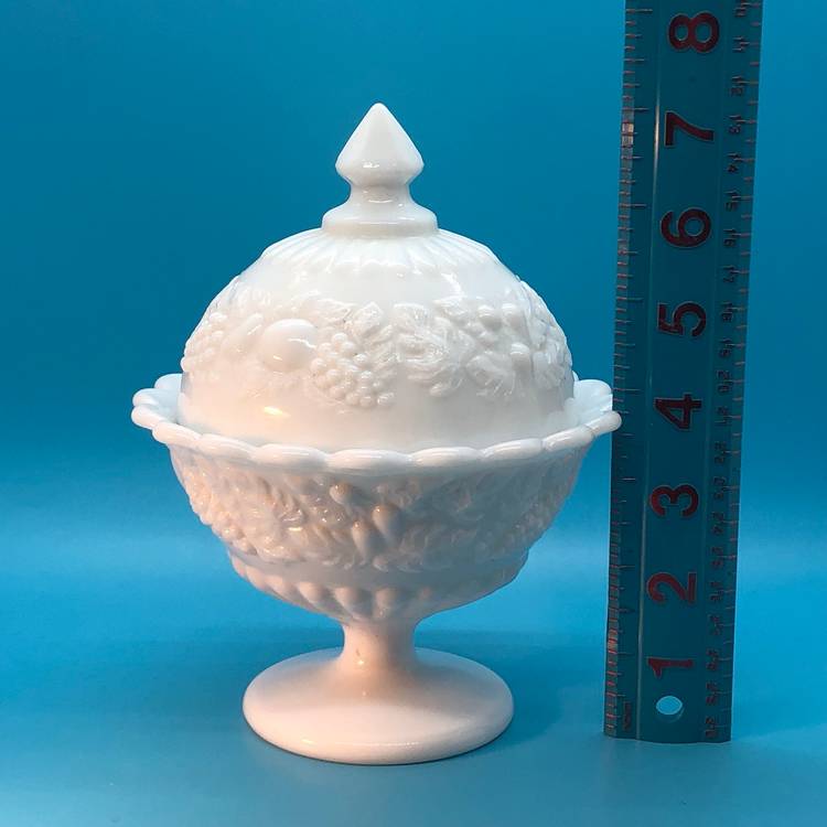 Vintage Westmoreland Milk Glass Pedestal Candy Dish Raised Fruit Pattern  W/ Lid