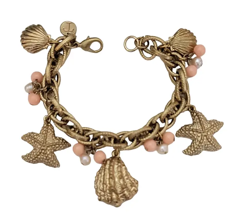 Talbots Gold Tone Sea Shell Starfish Genuine Pearl Pink Bead Charm Bracelet 7.5” Long K204