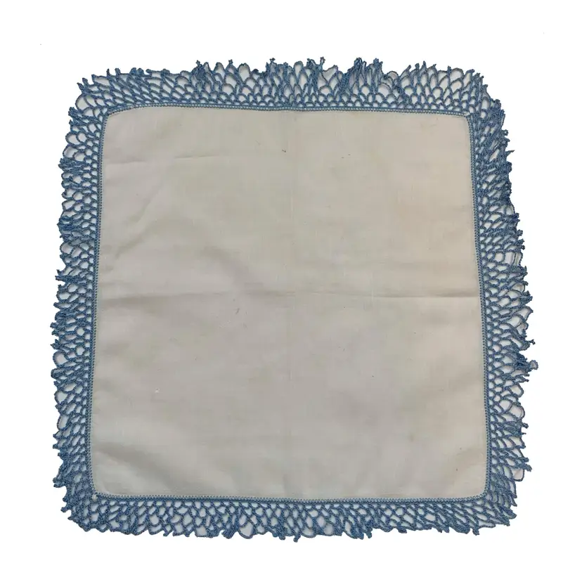 Wide Blue Lace Edge Handkerchief Cottage Core Granny Vintage Boho