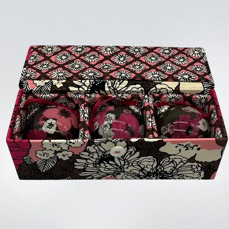 Vera Bradley Ornament Trio, Mocha Rouge Fabric Box 8.5”