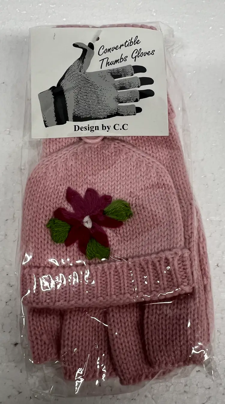 Women's Knit Fingerless Gloves w Mitten Flap PINK FLORAL  12pk NEW