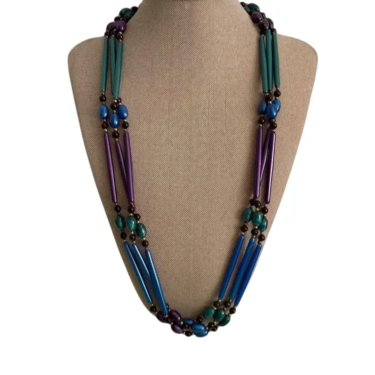 Vintage 3 Strand Peacock Jewel Colors Beaded Necklace