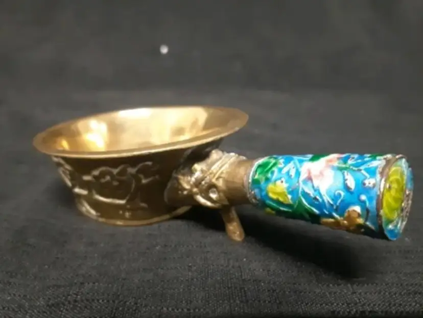 Vintage Chinese Brass Coal Pot / Pan With Enamel Handle