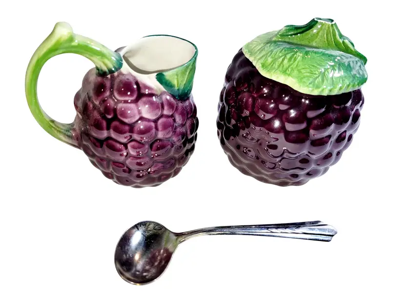 Vintage Bresolin Creamer Sugar and Stainless Spoon Hand Painted Grape Italian Majolica