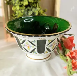Moser Style Glass Bowl Czech Bohemian White Overlay Cut to Green Hand Painted