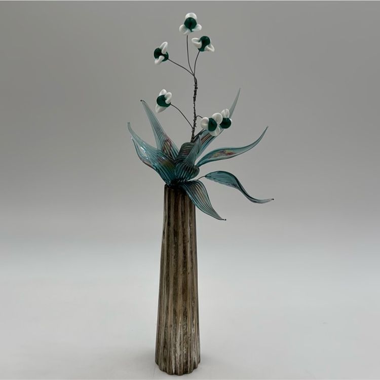 Vintage Silver In Tone Vase Pared With Hand Made Art Glass Flowers And Leaves Very Adorable. No Chips Cracks Or Brakes