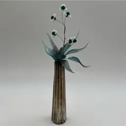 Vintage Silver In Tone Vase Pared With Hand Made Art Glass Flowers And Leaves Very Adorable. No Chips Cracks Or Brakes