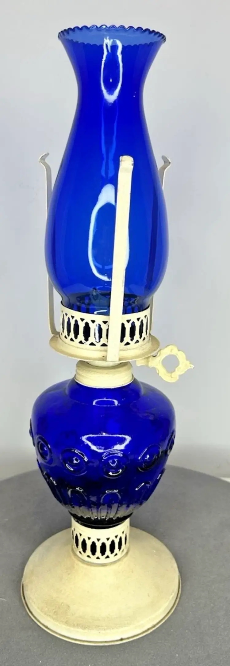 Vintage Cobalt Blue Swirl Glass & Metal Kerosene Lamp 16" Tall ~Hong Kong