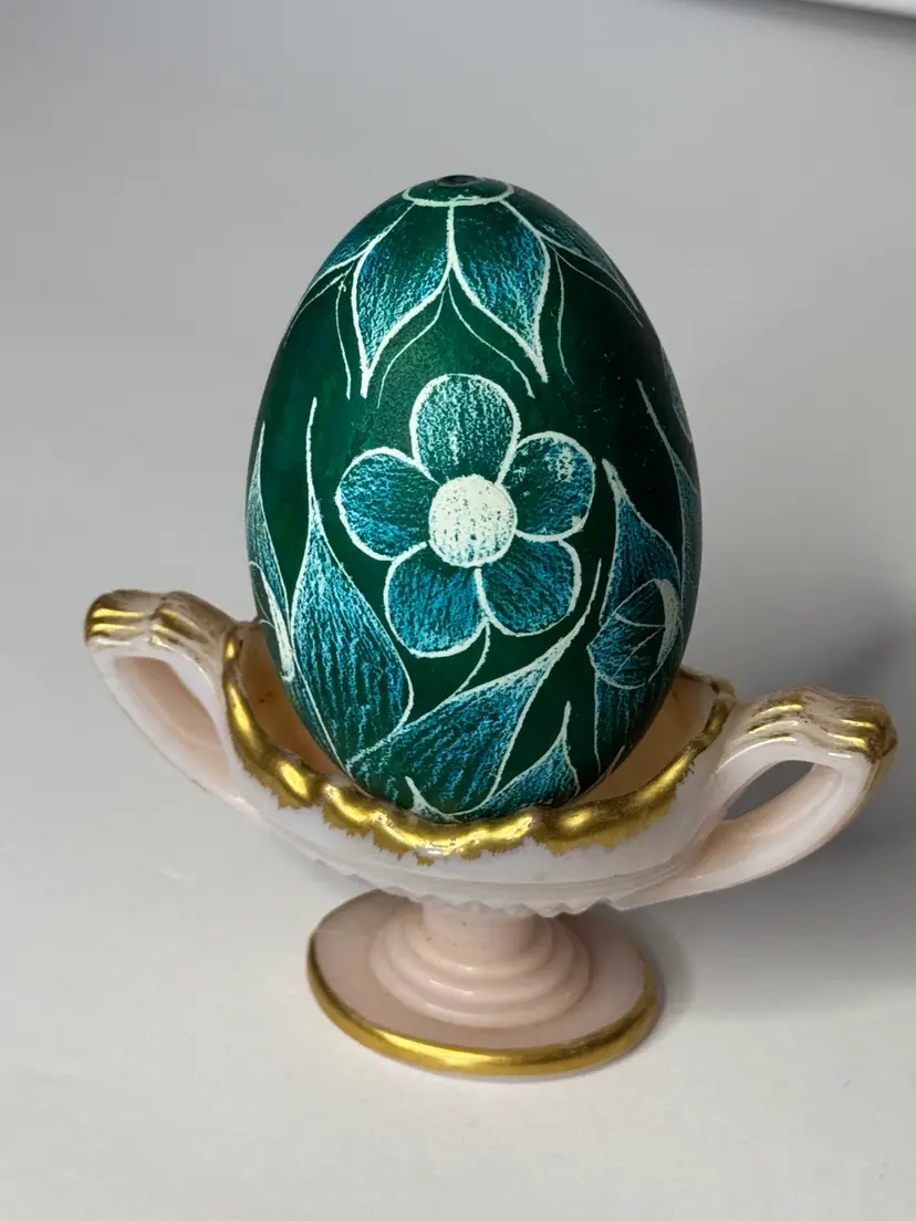 Traditional Ukrainian Pysanka Quail Easter Egg. Hand Painted And Created With Traditional Die And Wax Technique. Dark Teal. Excellent Condition.
