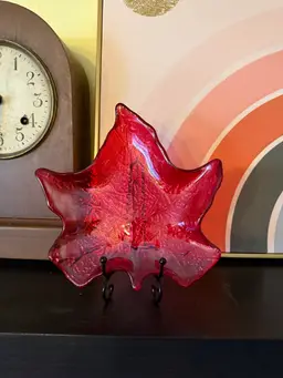 Mid Century Ruby Red Leaf Art Glass Dish Handblown Leaf Shaped Trinket or Candy Bowl Vintage Cranberry Red Glass Decor