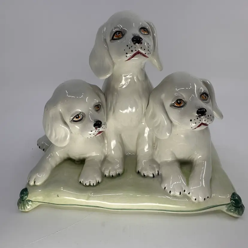 Vintage Italian Pottery White Puppies on a Green Pillow Figurine