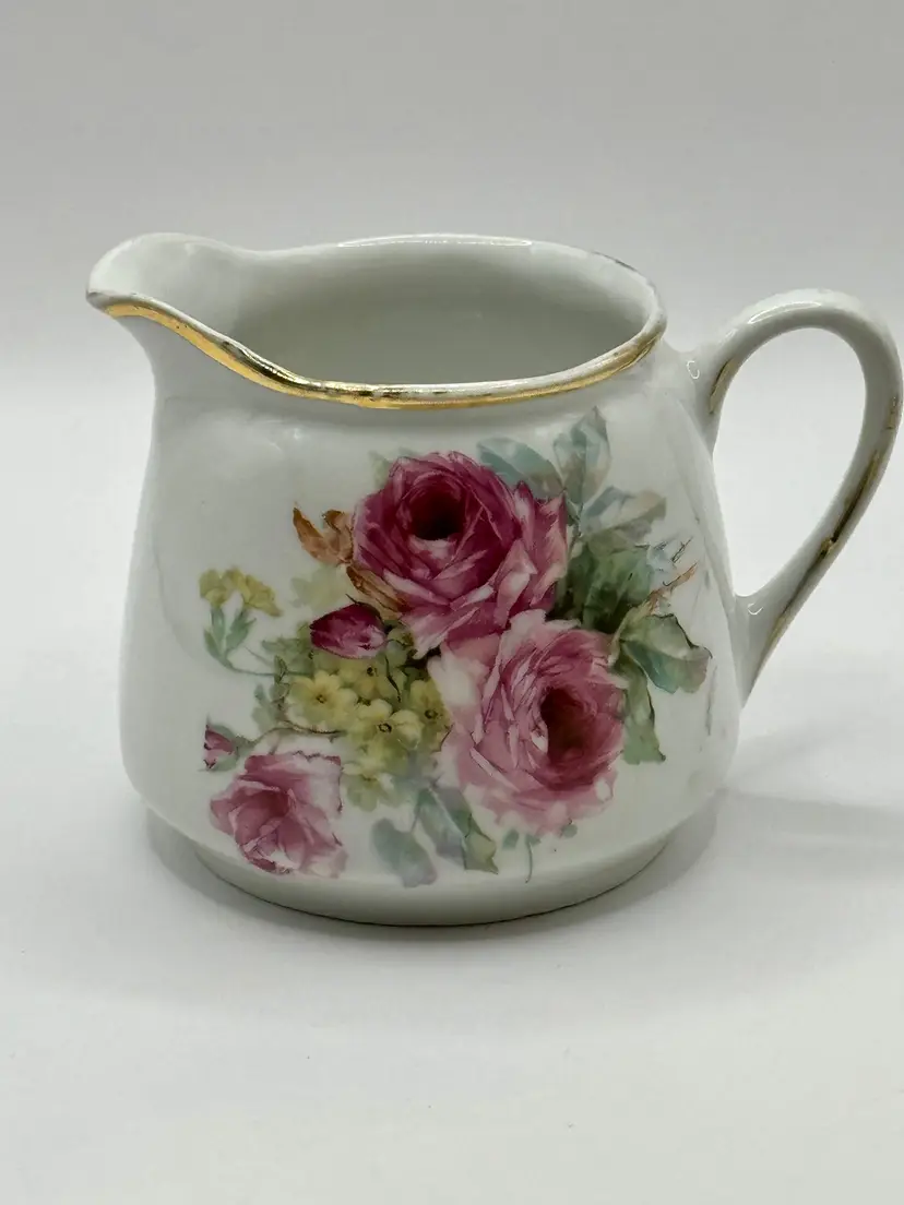 Vintage 1909-1916 Rose Floral Porcelain Creamer, Gold Trim, By Hand-Painted Rose Design, Three Crown China, Made in Germany