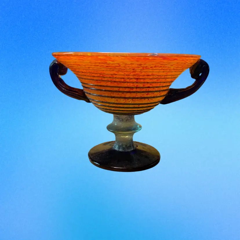 31. orange and Blue Blown glass pedestal bowl With Two Handles