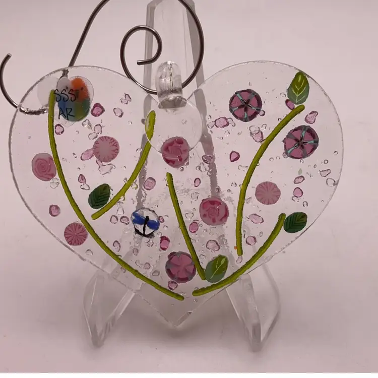 Made by Me! Fused Glass Ornament Heart with 3D Pink Flowers & Dragonfly 3" x 2.5" Handcrafted Studio Art
