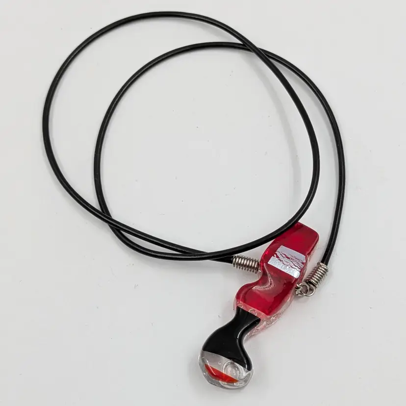 Fused Glass Pendant Necklace Red Black Silver