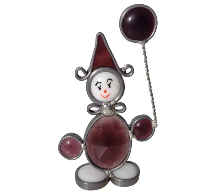 Vtg Stained Glass Standing Figural Clown Suncatcher Purple Handmade Faceted 80s