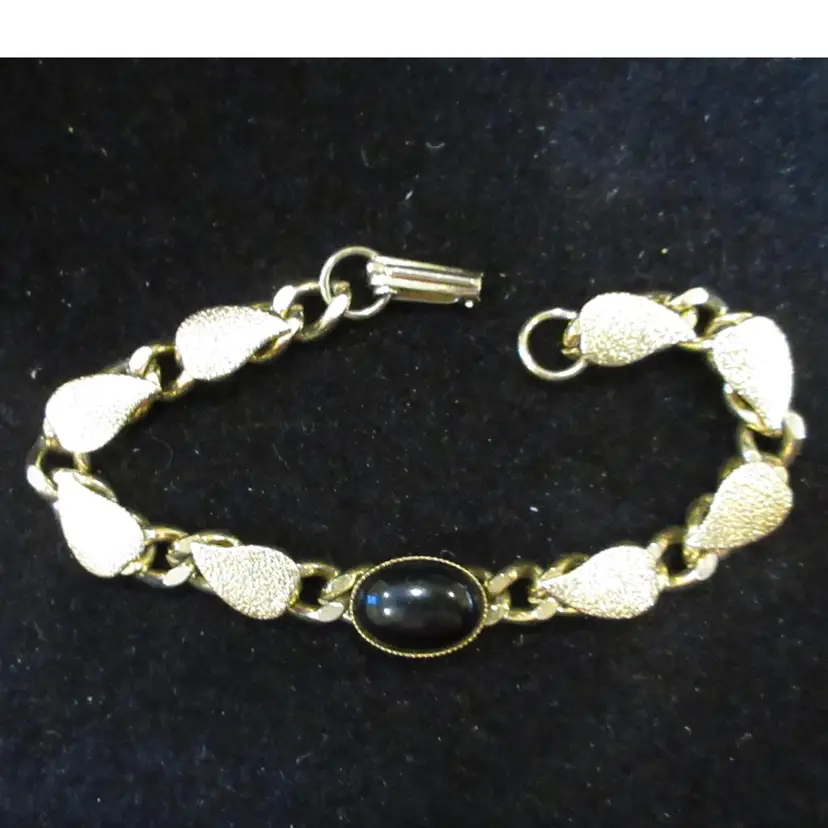 Vintage Gold Tone Metal Link Bracelet with Black Lucite Cabochon and Gold Tone Teardrop Links - 7 Inches Long, Fold Over Clasp
