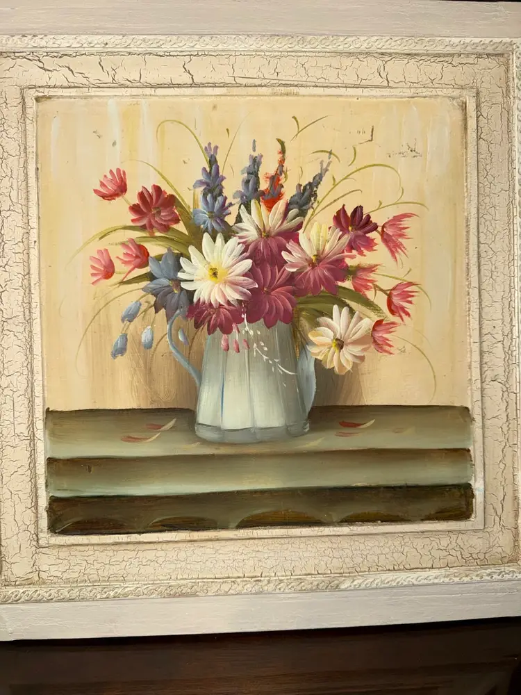 Vtg still life HandPainted Floral arrangement on wood frame with crackled border