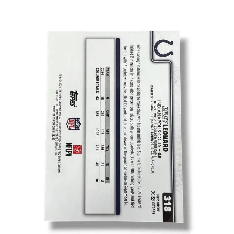 Riley Leonard RC Colts 2025 Topps Chrome Football RayWave Refractor RC #318