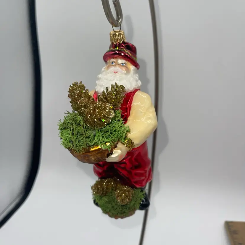 Blown Glass Ornament Santa Holding Basket Of Pinecones 6”