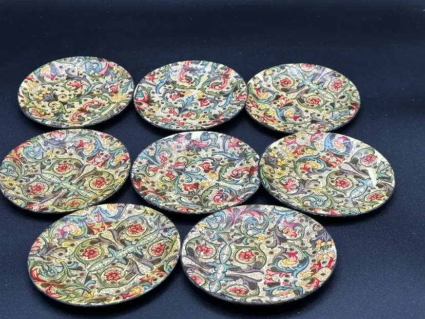 Vintage Viking Imports 8 Paper Mache Lacquer Coasters Floral Alcohol Proof Japan
