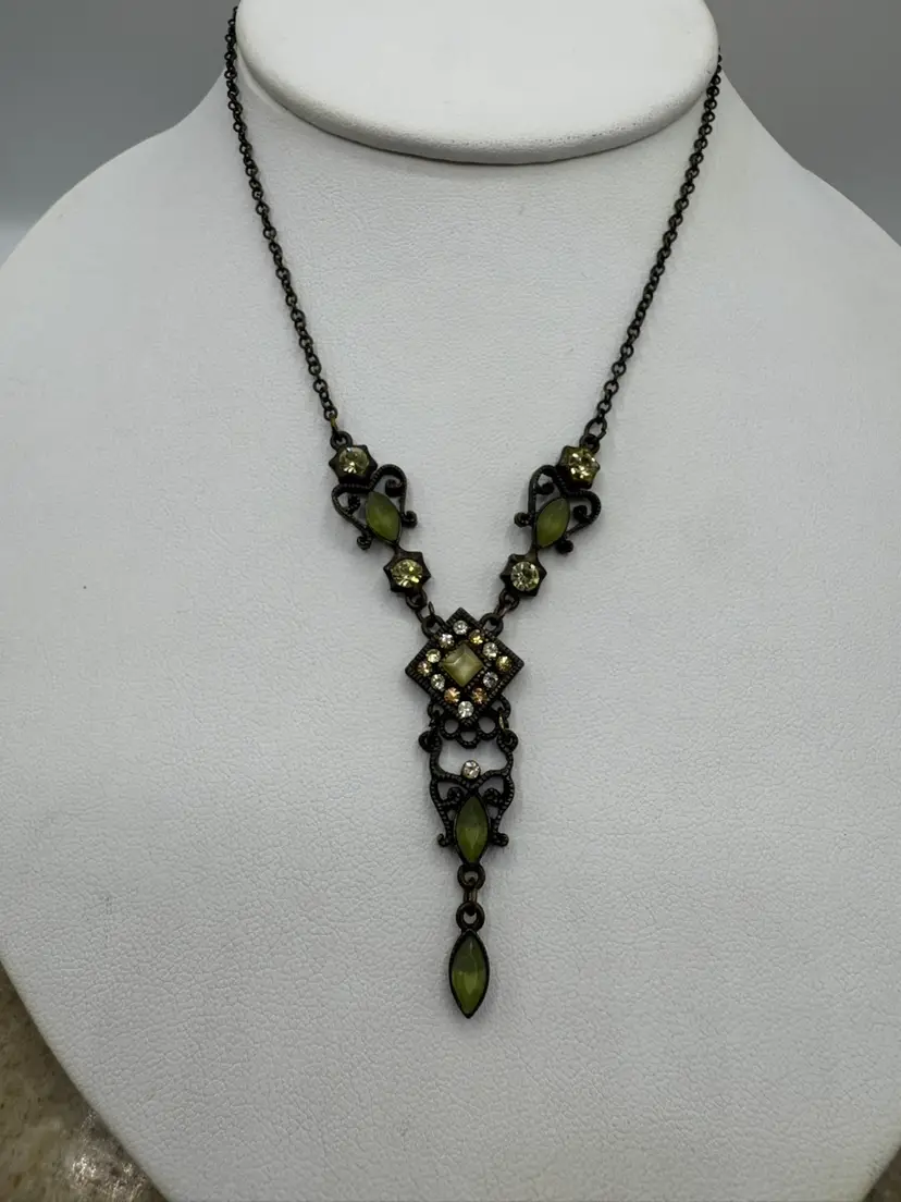 Vintage Rhinestone Bronze Tone Y Drop Necklace