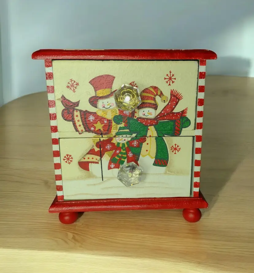 Wooden Christmas Footed Storage Box Painted 2 Drawer Snowman Decor Jewelry