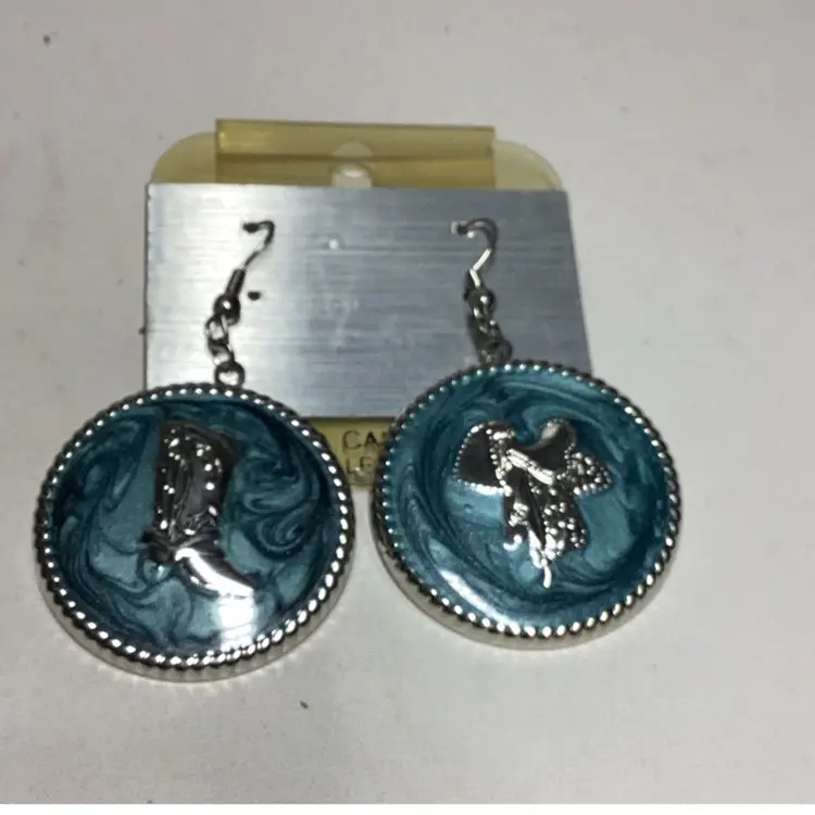 Western Sadler& Boot Pierced Earrings 1 1/4” Blue - Card Says Made In Canada