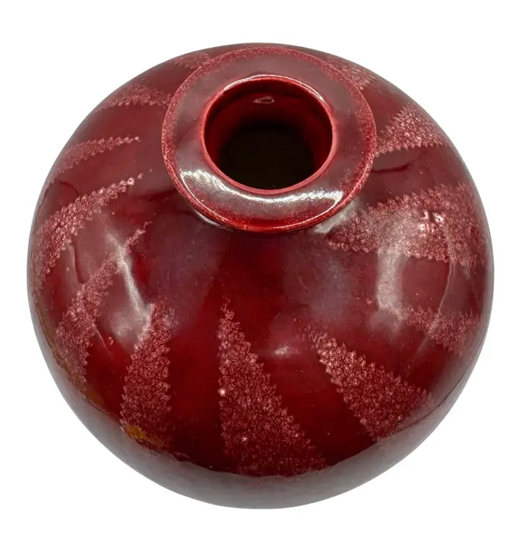 Signed Fay Studio Art Pottery Burgundy Red Vase Ceramic Round Leaf Fern 7.5”