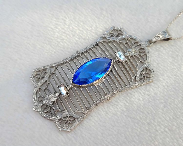 Antique 1920s Art Deco Sterling Silver Filigree Blue Stone Pendant Necklace Vtg