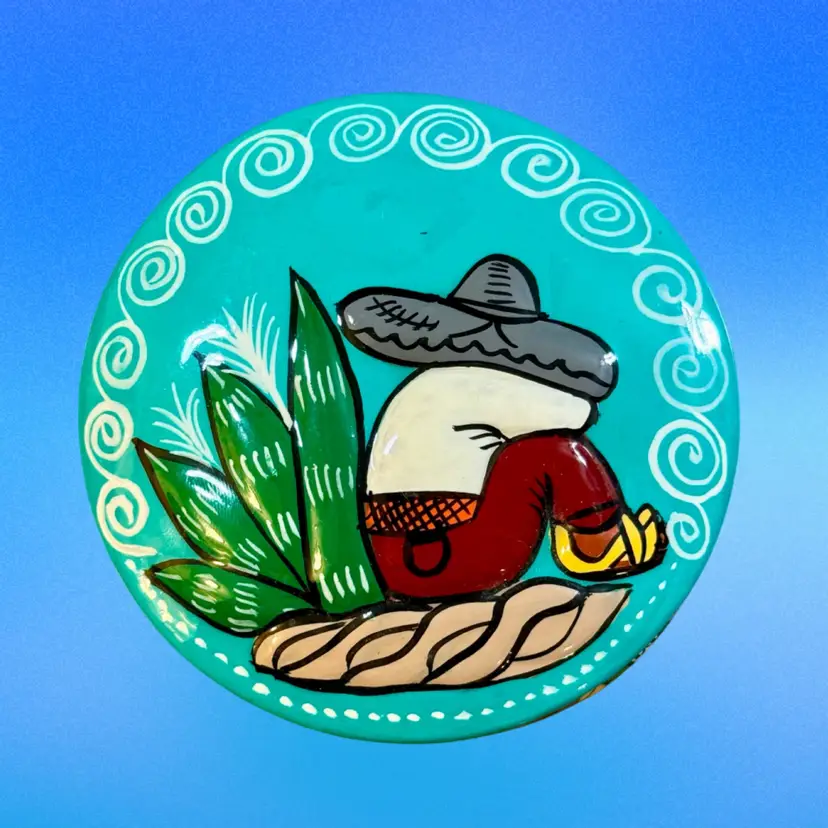 Vintage Signed Isidoro Talavera Mexican Siesta Man Cactus Redware Pottery Lidded Trinket Box