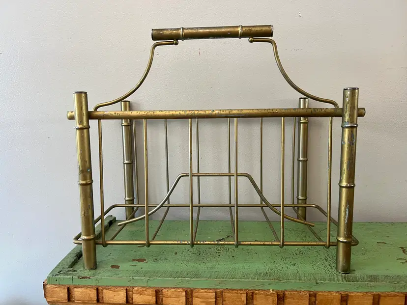 Hollywood Regency Faux Bamboo Metal Magazine Rack Holder Storage. Retro Home Decor.