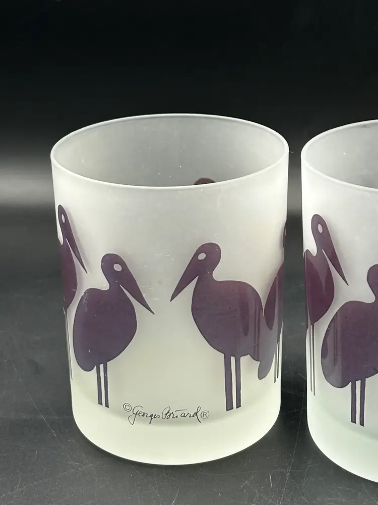 3 Vintage Georges Briard MCM Highball Cocktail Glasses Frosted Purple With Cranes