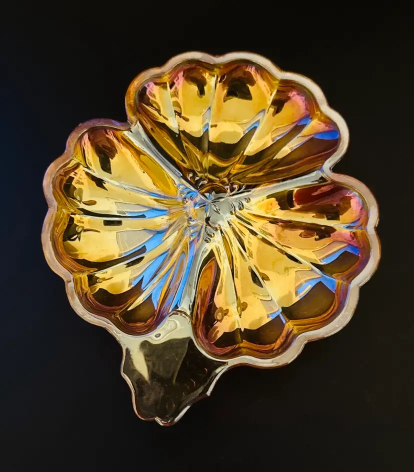 3 Leaf Clover Luster Candy Dish - Marigold Carnival Glass
