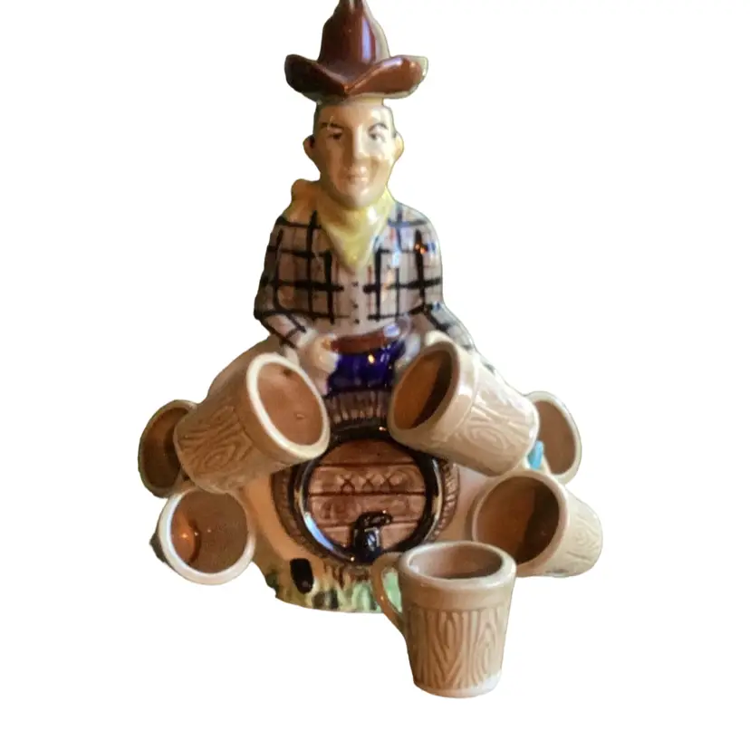 Absolutely Fantastic Rare Vintage Full Set - Cowboy Sitting On A Barrel Decanter With Hooks For Six Barrel Shot Glasses (Includes One Extra Shot Glass) Japan