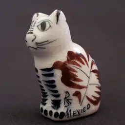 Cat Figurine Tonala Pottery Signed R S Mexico Hand Painted tiny 1⅜" tall with Condition Issues