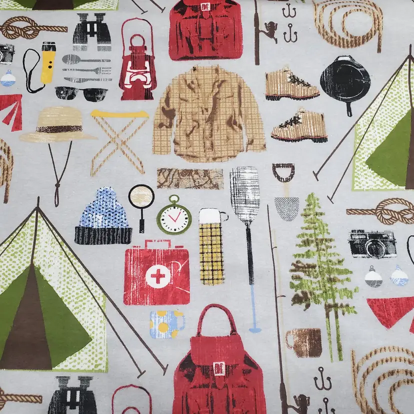 Camping Gear Flannel Fabric Remnant - 100% Cotton - Choose Size - Soft Craft & Quilting Fabric
