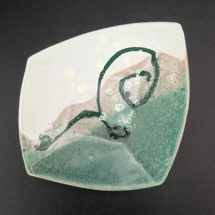 Handmade Asymmetrical Studio Art Pottery Dish Green Abstract Design Artist Stamp