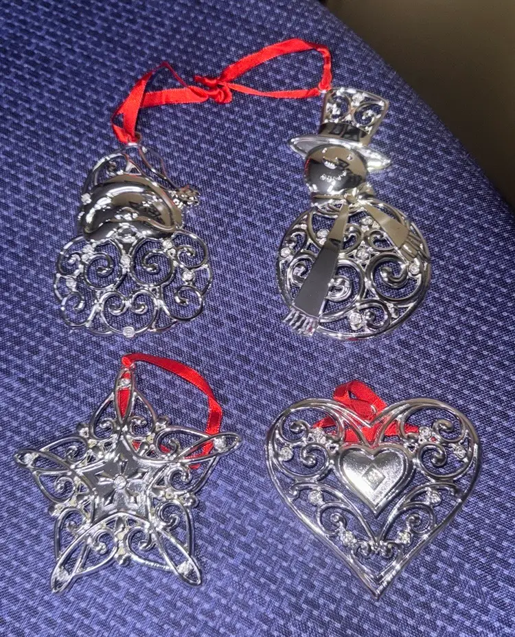 LENOX 4 Sparkle & Scroll Clear Crystal Ornaments in Boxes Silverplate