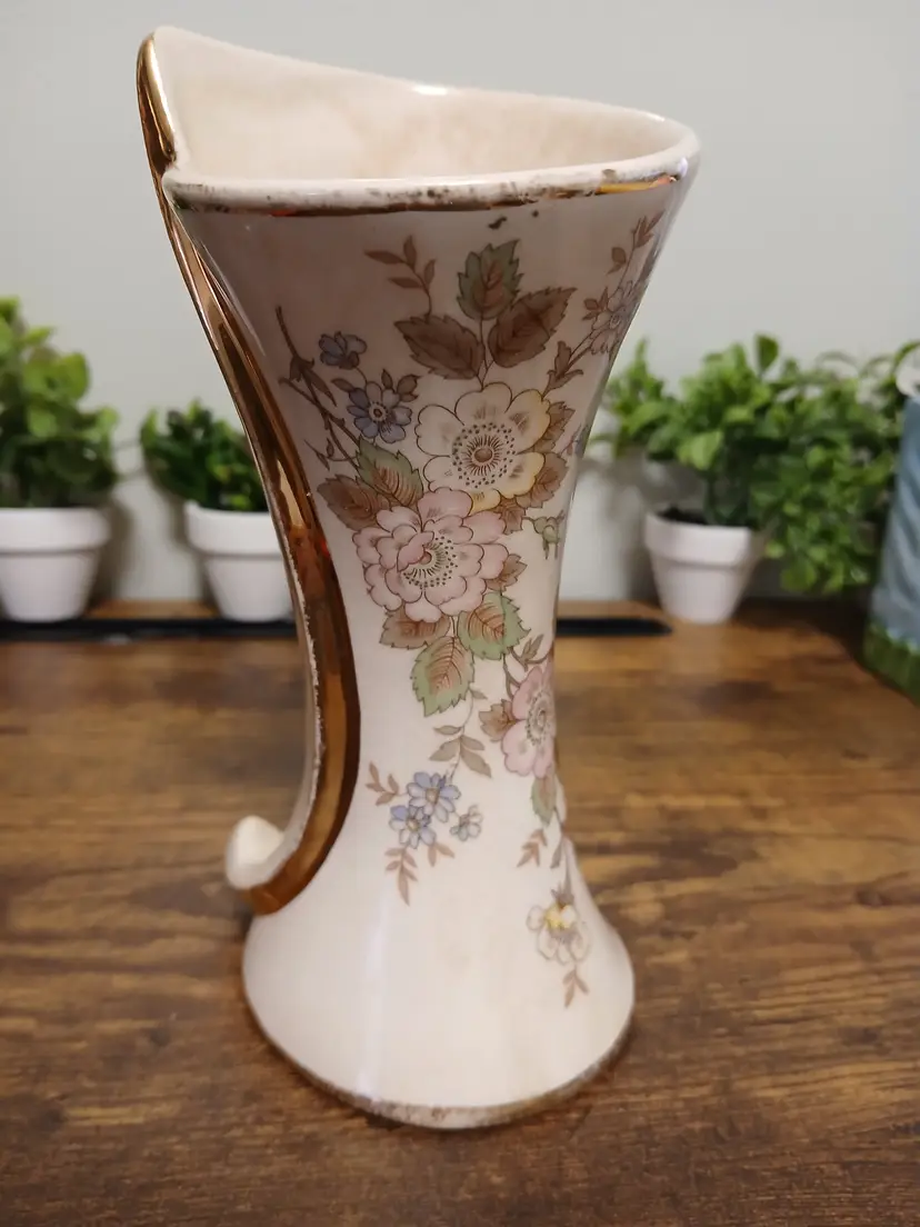 Vintage Floral Ceramic Vase with Gold Trim