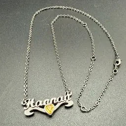 Name Necklace HANNAH Silver Tone Yellow Rhinestone Heart 14-19" Lobster Clasp