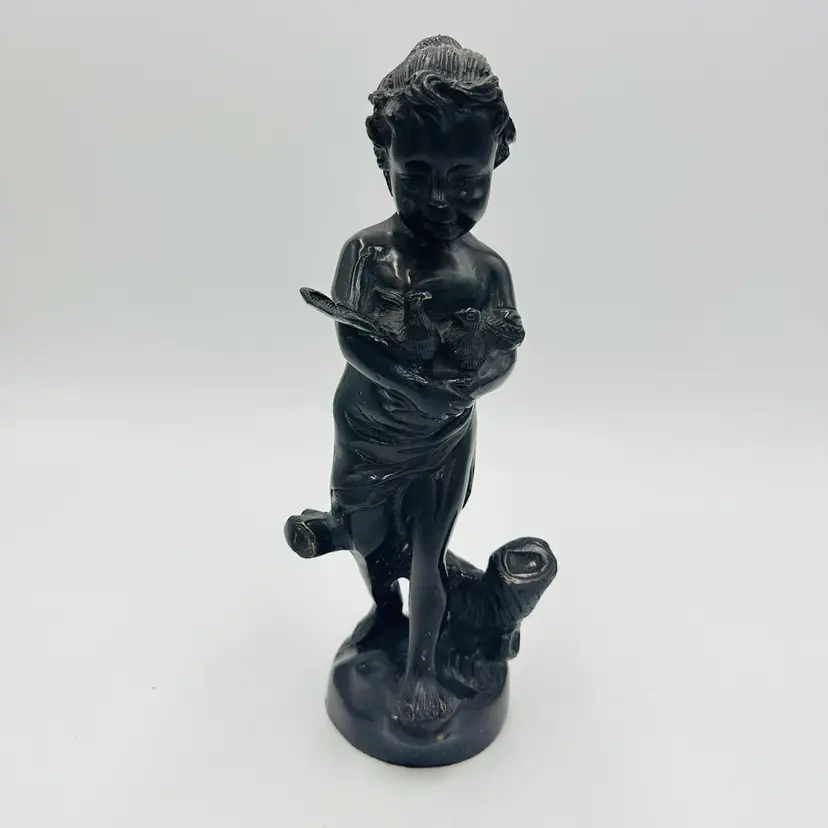 Bronze Sculpture Girl Holding Pigeons 10in Solid Vintage Home Decor Figural