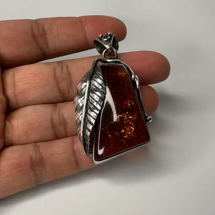 Large Vintage Genuine Baltic Amber .925 Sterling Silver Handmade Pendant