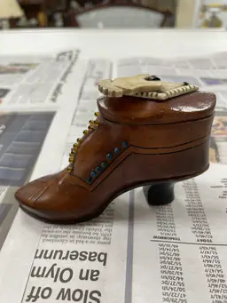 Beautiful Antique Victorian Wooden Shoe/Boot Snuff Box With Brass & Bone Details