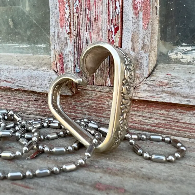 Silver Plate Spoon Handle Heart Necklace 1 1/4” x 1 3/8” with 30” Ball Chain