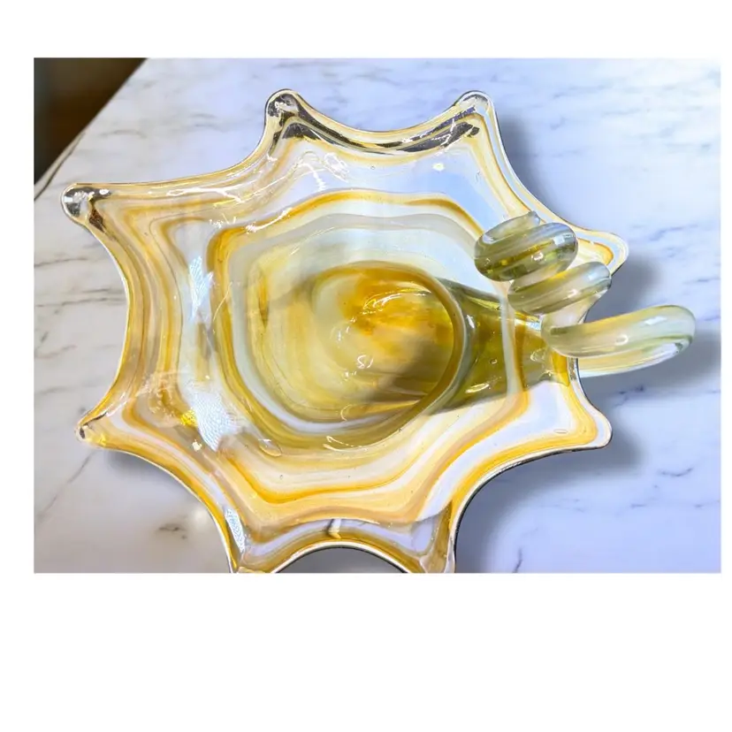 Vintage Unsigned Murano Style Hand Blown Yellow Swirl Leaf Bowl 12” x 8.5” x 5”