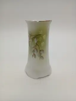 RS Germany Hand-Painted Hatpin Holder – Pussy Willow Floral – Green to White Fade – Gold Trim – 5" – AS-IS