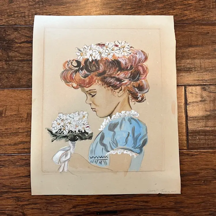 VTG Drawing of Girl 1948 "Artist Gwen" Upcycled Gold Frame 13" x 16" Made by Me