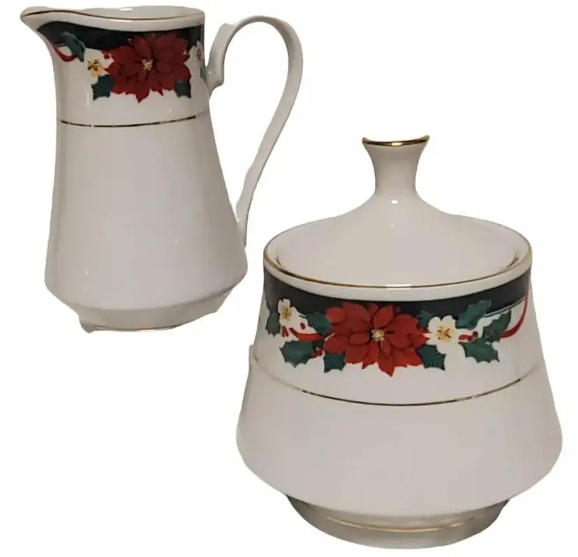 Tienshan DECK THE HALLS Creamer and Lidded Sugar Bowl Set