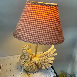 Vintage Hand-carved rooster wing lamp with a plaid fabric shade. Cottage-Core